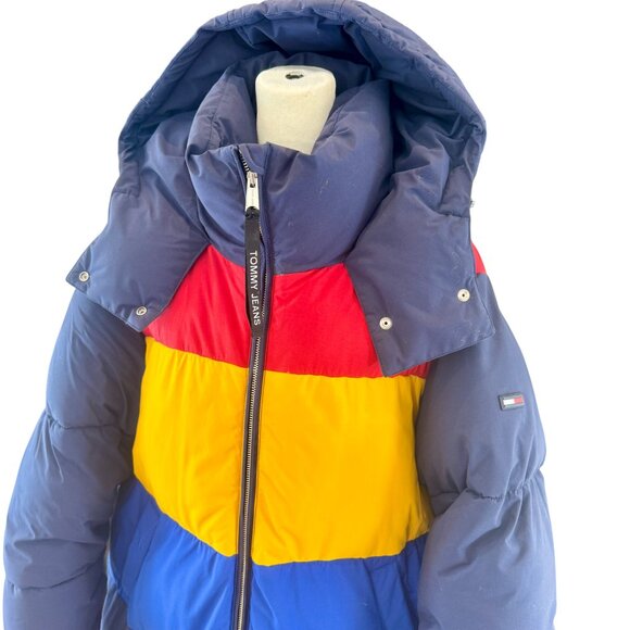 Tommy Jeans Colorblock Long Puffer Coat Red Yellow Blue Navy Size M - Picture 6 of 13